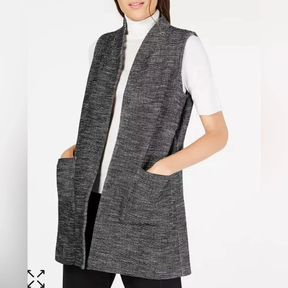 Eileen Fisher Organic Cotton Tweed Open Front Pocket Vest Women’s Size S